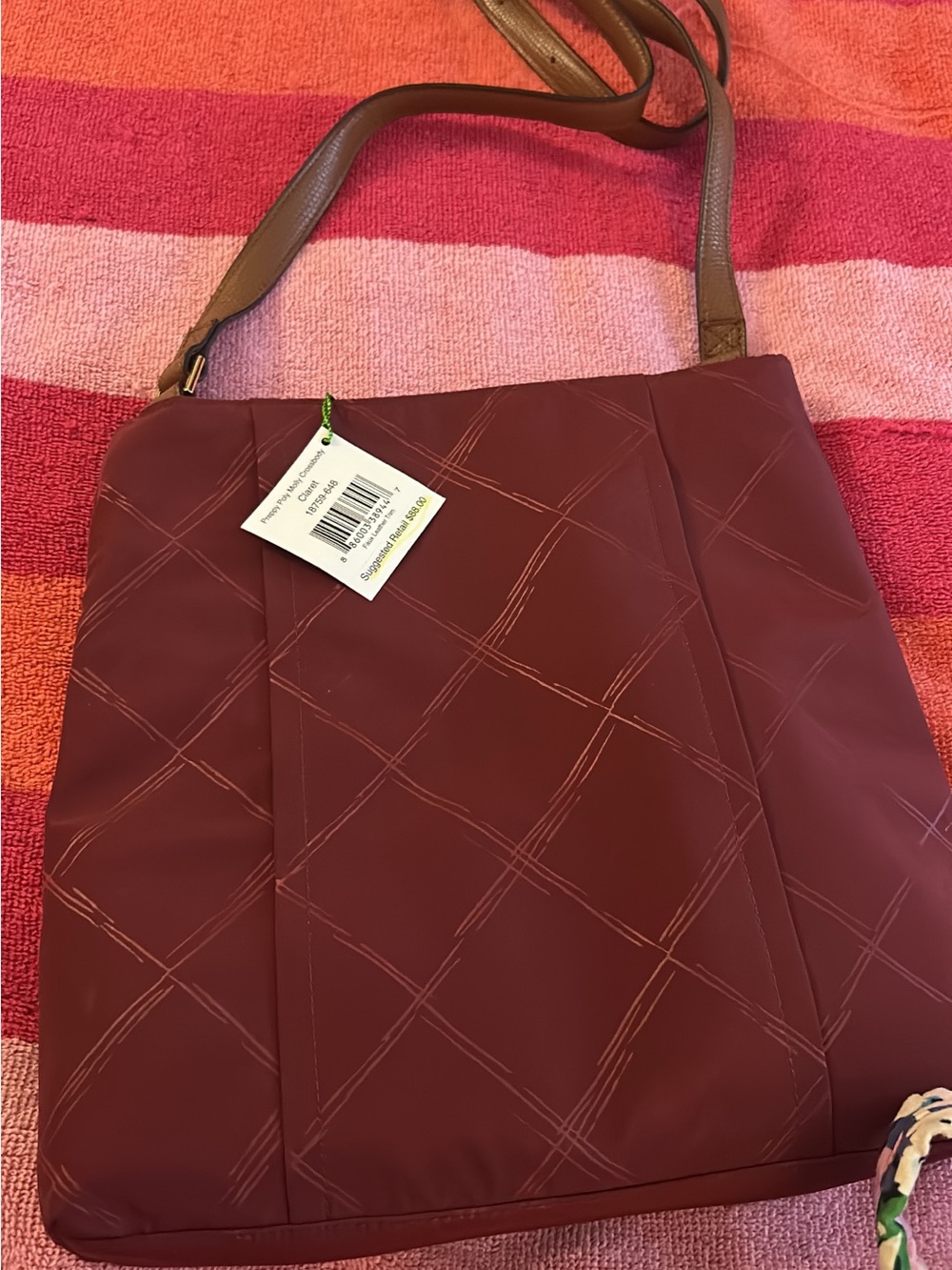 Vera Bradley Quilted Shoulder Tote in Burgundy with Tan Strap